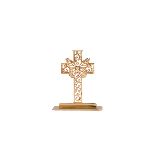 Elita Decorative Cross Car Dashboard Ornament with Butterfly Design, Gold-Plated Finish in Brass Cross