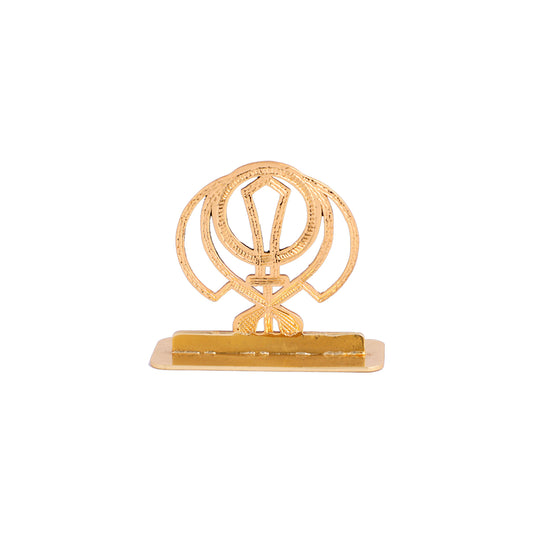 Elita Sikh Khanda Symbol Car Dashboard Ornament, Gold-Plated Finish in Brass Religious Decor with Stand