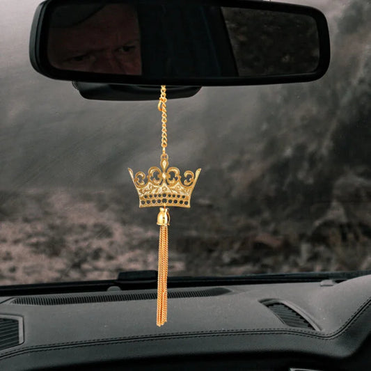 Elita British Crown Car Rearview Mirror Hanging Charm, Gold-Tone Chain, Decorative Car Accessory