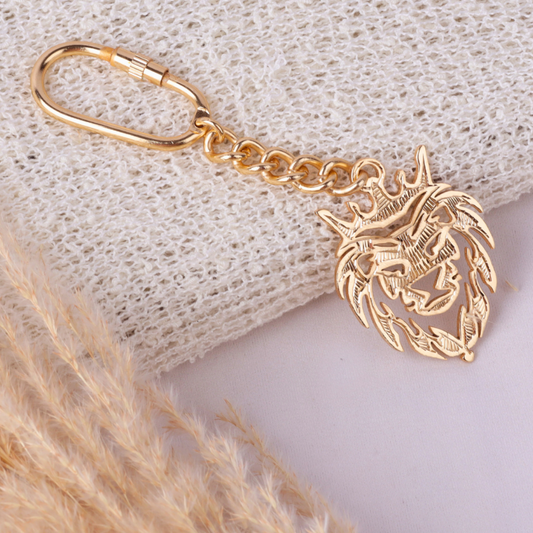 Elita Decorative Gold Lion Keychain with Carabiner Clip, Brass Chain Design With Gold Plated Finish