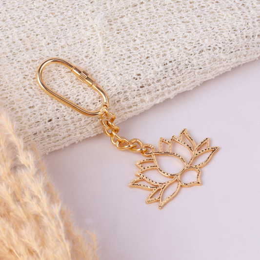 Elita Lotus Flower Keychain with Brass Chain Link, Decorative Brass Charm With Gold Plated Finish