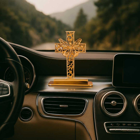 Elita Decorative Cross Car Dashboard Ornament with Butterfly Design, Gold-Plated Finish in Brass Cross