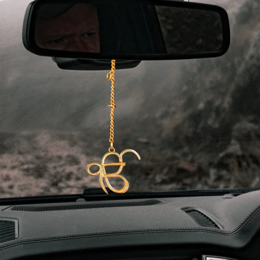 Elita Ek Onkar Car Rearview Mirror Hanging Charm, Gold-Tone Chain, Decorative Car Accessory
