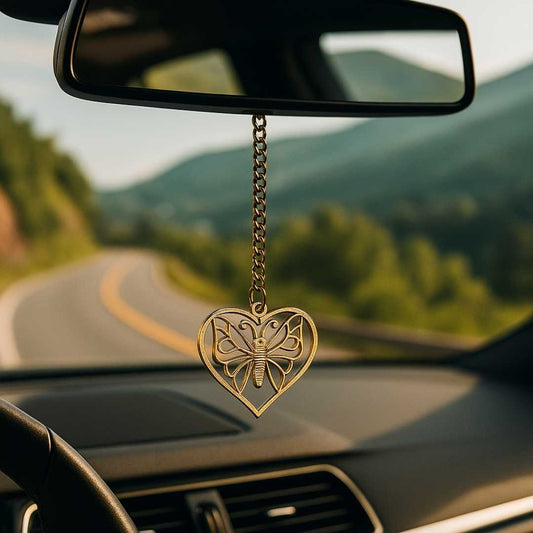 Elita Heart-Shaped Butterfly Car Rearview Mirror Hanging Charm, Gold-Tone Chain, Decorative Car Accessory