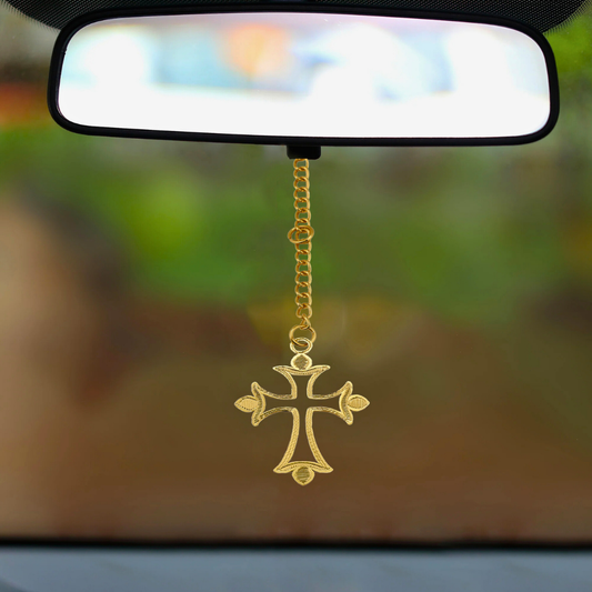 Elita Decorative Cross Gold-Plated Finish in Brass Car Rearview Mirror Cross Pendant, Gold-Tone Chain, Religious Hanging Ornament