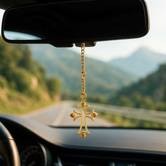 Elita Decorative Cross Gold-Plated Finish in Brass Car Rearview Mirror Cross Pendant, Gold-Tone Chain, Religious Hanging Ornament