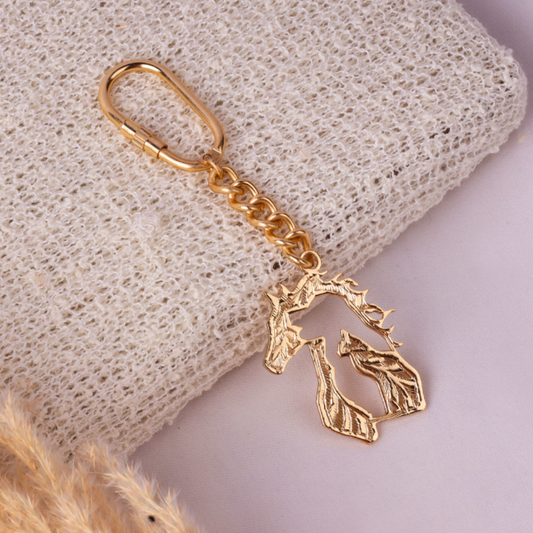 Elita Decorative Gold Horse Keychain with Carabiner Clip, Brass Chain With Gold Plated Finish
