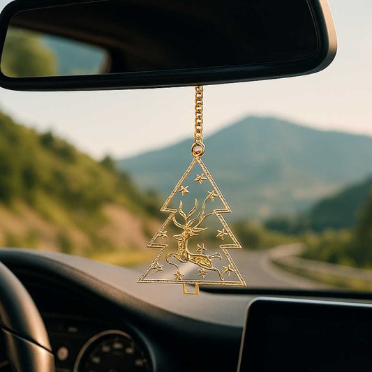 Elita Christmas Tree Car Rear View Mirror Hanging Ornament, Gold Reindeer Design, Decorative Chain