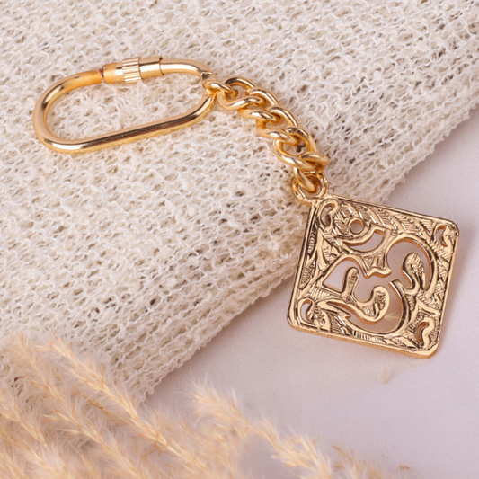 Elita Decorative Om Charm Keychain, Gold-Plated Finish Brass, Square Filigree Design