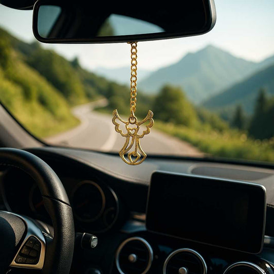 Elita Decorative Car Rearview Mirror Cross Pendant, Gold-Tone Chain, Gold-Plated Finish in Brass