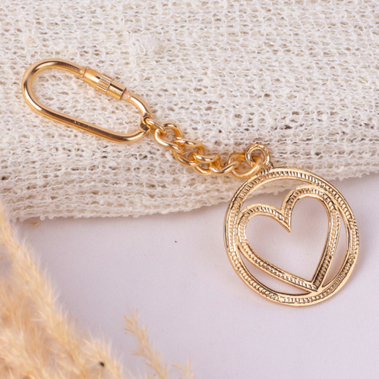 Elita Gold Heart Charm Keychain, Decorative Round Pendant, Brass Chain Link with Gold Plated Finish