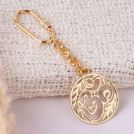 Elita Gold-Plated Finish Om Symbol Keychain, Decorative Chain Link, Religious Charm Pendant