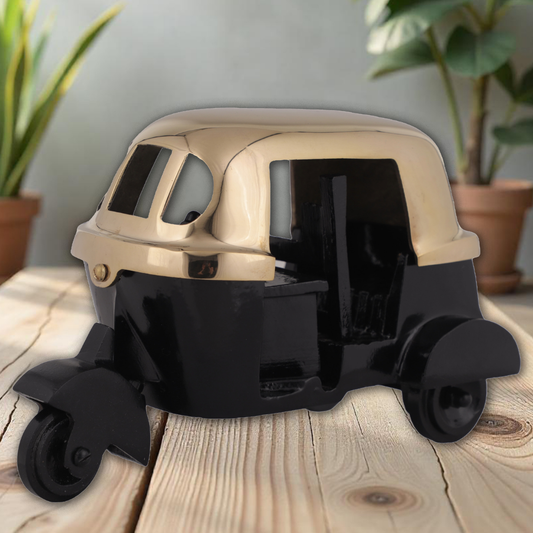 Elita Decorative Auto Rickshaw Model, Black and Beige, Vintage Style Three Wheeler Miniature SK T-B