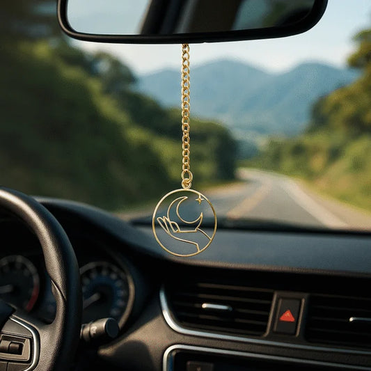 Elita Gold-Plated Finish Celestial Moon Hand Pendant Car Hanging, Chain Link Design