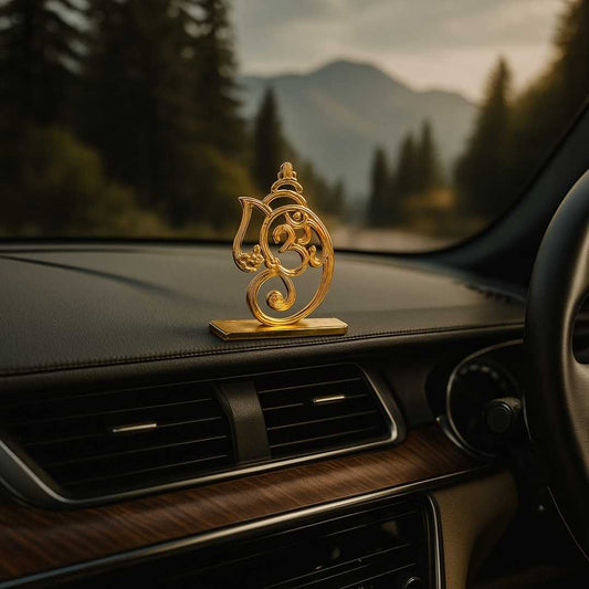 Elita Gold Om Symbol Car Dashboard Ornament, Decorative Spiritual Auto Accessory Gold-Plated Finish in Brass