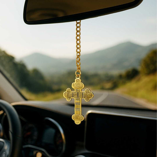 Elita Decorative Gold Cross Car Rear View Mirror Hanging Ornament, Gold-Plated Finish in Brass