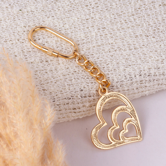 Elita Triple Heart Pendant Keychain, Gold Plated Finish Chain Link, Decorative Brass