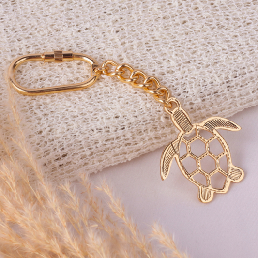 Elita Gold Plated Finish Turtle Keychain, Brass Chain Link Design, Ocean Marine Theme Accessory