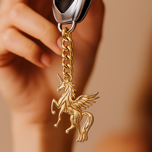 Elita Gold-Plated Finish Brass Unicorn Keychain, Winged Mythical Horse Design, Decorative Chain Link