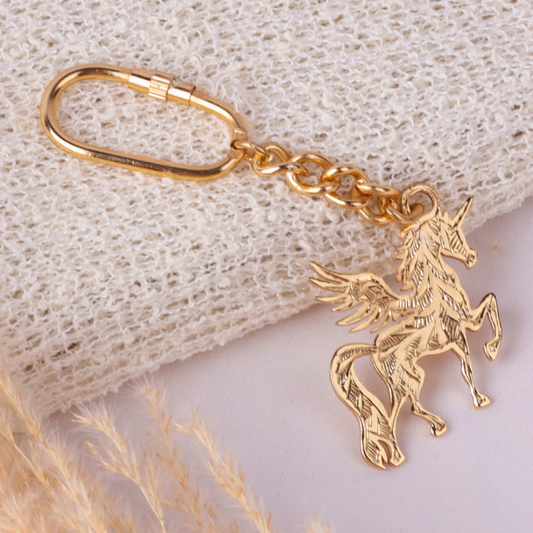 Elita Gold-Plated Finish Brass Unicorn Keychain, Winged Mythical Horse Design, Decorative Chain Link