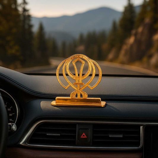 Elita Sikh Khanda Symbol Car Dashboard Ornament, Gold-Plated Finish in Brass Religious Decor with Stand