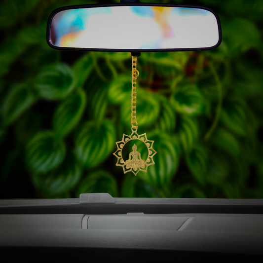 Elita Buddha Car Hanging Charm in Brass with Gold Plated, Buddha Embossed for Car Home or Office