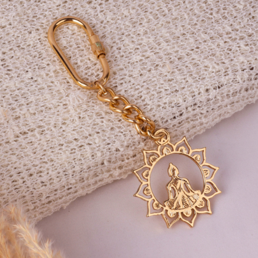 Elita Decorative Gold-Toned Lotus Flower Buddha Keychain, Carabiner Clip With Gold Plated Finish