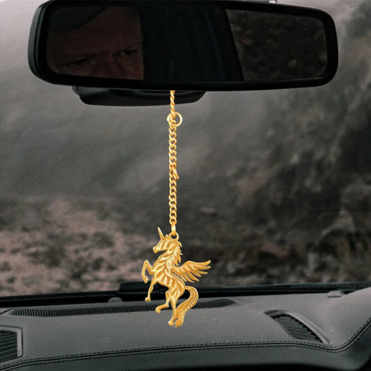 Elita Gold-Plated Finish in Brass Unicorn Car Hanging, Chain Link Design