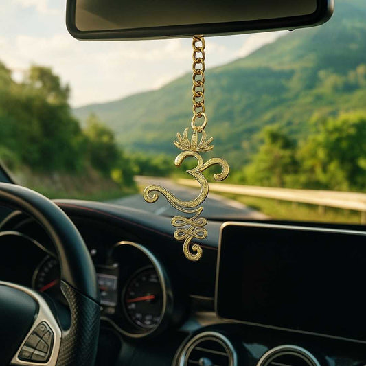 Elita Om Symbol Car Rear View Mirror Hanging Charm, Gold-Tone Chain, Gold-Plated Finish in Brass