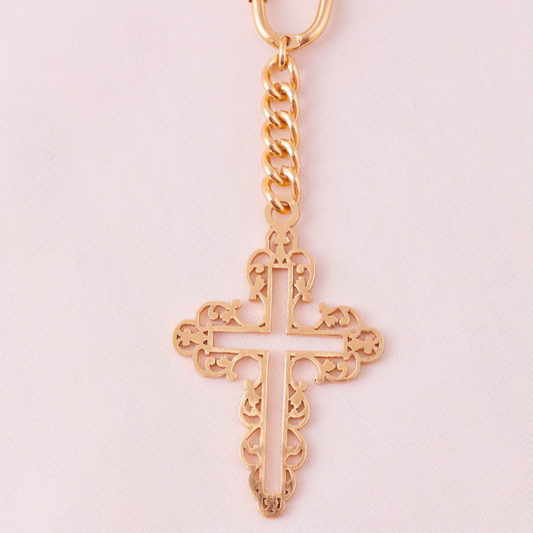 Elita Decorative Cross Keychain with Chain Link, Gold-Tone Brass, Ornate Design With Gold Plated Finish