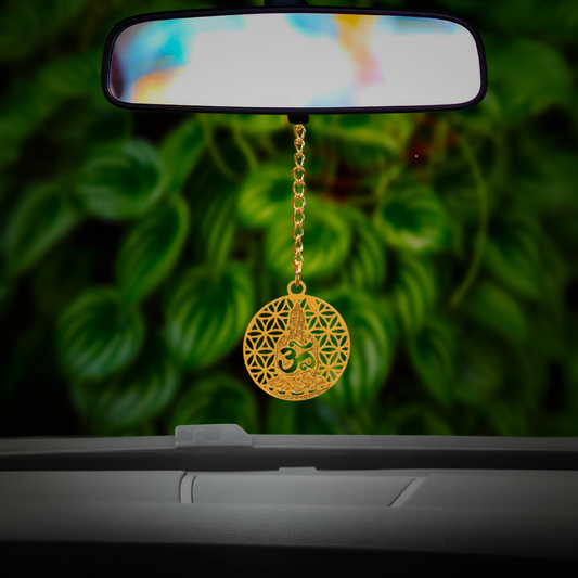 Elita Buddha Design with om Car Hangingin Brass with Gold Plated