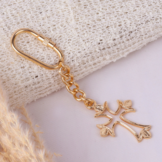 Elita Decorative Brass Cross Keychain with Chain Link and Carabiner Clasp With Gold Plated Finish