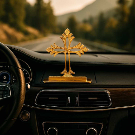 Elita Gold-Plated Finish in Brass Cross Car Dashboard Decorative Figurine, 6 cm, Modern Style, Brass