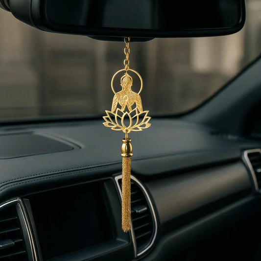 Elita Buddha Car Rearview Mirror Hanging Charm, Gold-Tone Chain, Decorative Car Accessory