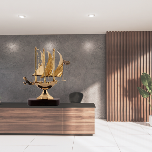Elita Decorative Sailboat Model, Gold-Ship Sculpture, Wooden Base, Nautical Home Decor