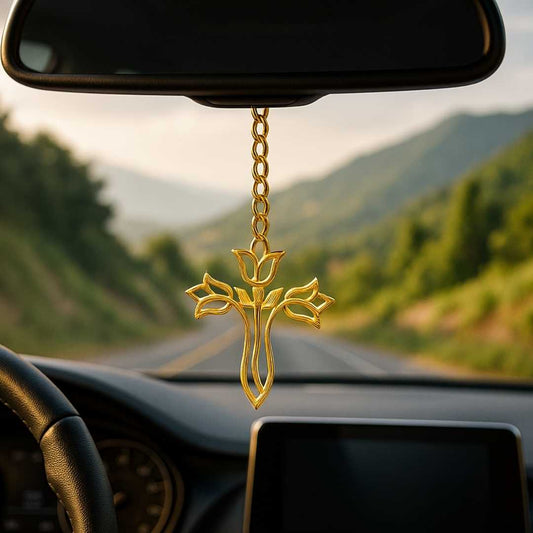 Elita Decorative Cross Car Rearview Mirror Cross Pendant, Gold-Tone Chain, Gold-Plated Finish in Brass