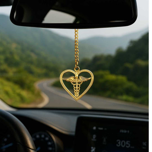 Elita Heart Rearview Mirror Car Hanging Charm, Gold Color Chain Pendant, Gold-Plated Finish in Brass