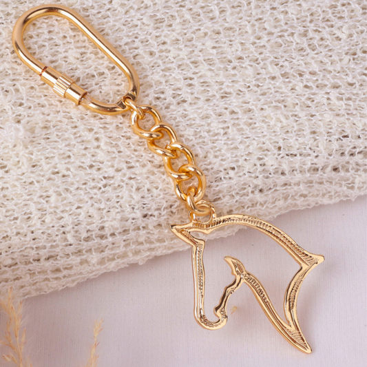 Elita Gold-Plated Finish Horse Head Keychain with Carabiner Clip, Decorative Chain Link Design Brass