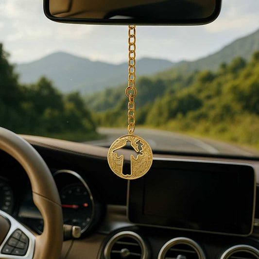 Elita Decorative Cross Car Rearview Mirror Cross Pendant, Gold-Tone Chain, Gold-Plated Finish in Brass