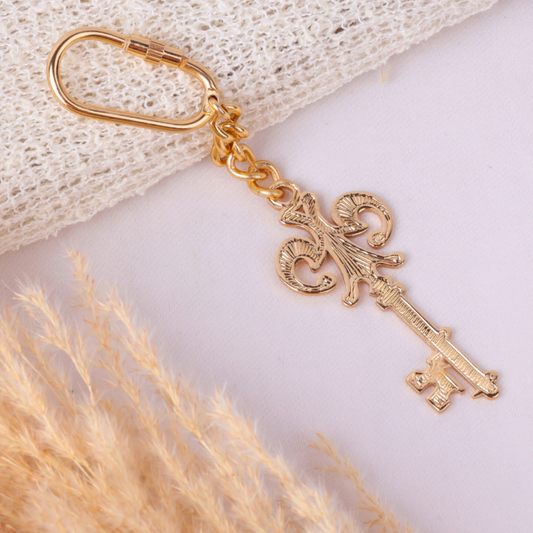 Elita Decorative Gold Key Keychain, Unique Design, Brass Chain With Gold Plated Finish