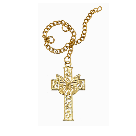 Elita Decorative Cross Car Rearview Mirror Cross Pendant, Gold-Tone Chain, Gold-Plated Finish in Brass