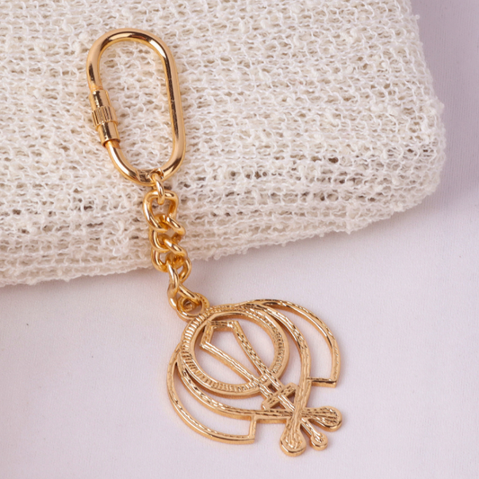 Elita Sikh Khanda Religious Symbol Gold-Plated Finish Keychain, Brass Chain Design with Carabiner Clip