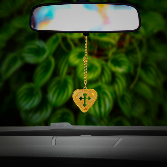 Elita Heart Cross Rearview Mirror Car Hanging Charm, Gold Color Chain Pendant, Gold-Plated Finish in Brass