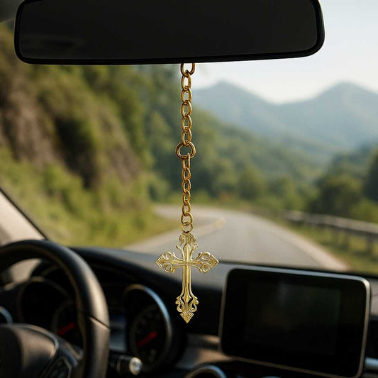 Elita Decorative Cross Car Rearview Mirror Cross Pendant, Gold-Tone Chain, Gold-Plated Finish in Brass