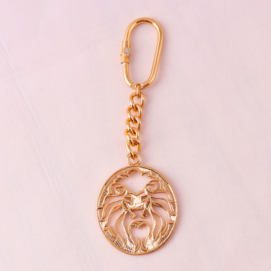 Elita Gold-Plated Finish Double Lion Design Keychain, Round Medallion Pendant with Chain Link, Brass