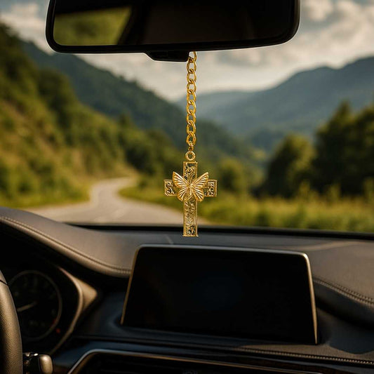 Elita Decorative Cross Car Rearview Mirror Cross Pendant, Gold-Tone Chain, Gold-Plated Finish in Brass
