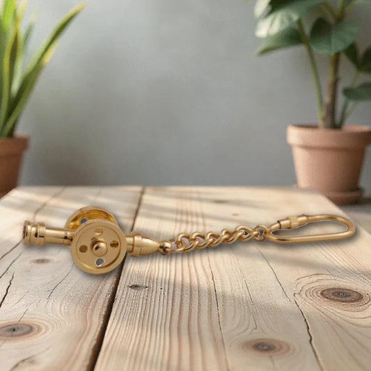 Elita Vintage Brass Fishing Reel Keychain, Decorative Chain with Carabiner Hook, Gold Finish