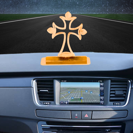 Elita Decorative Car Dashboard Cross Gold-Plated Finish in Brass Ornament, Gold Religious Symbol Display Stand