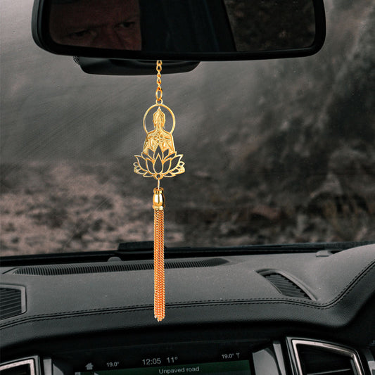 Elita Buddha Car Rearview Mirror Hanging Charm, Gold-Tone Chain, Decorative Car Accessory Religious Gifts
