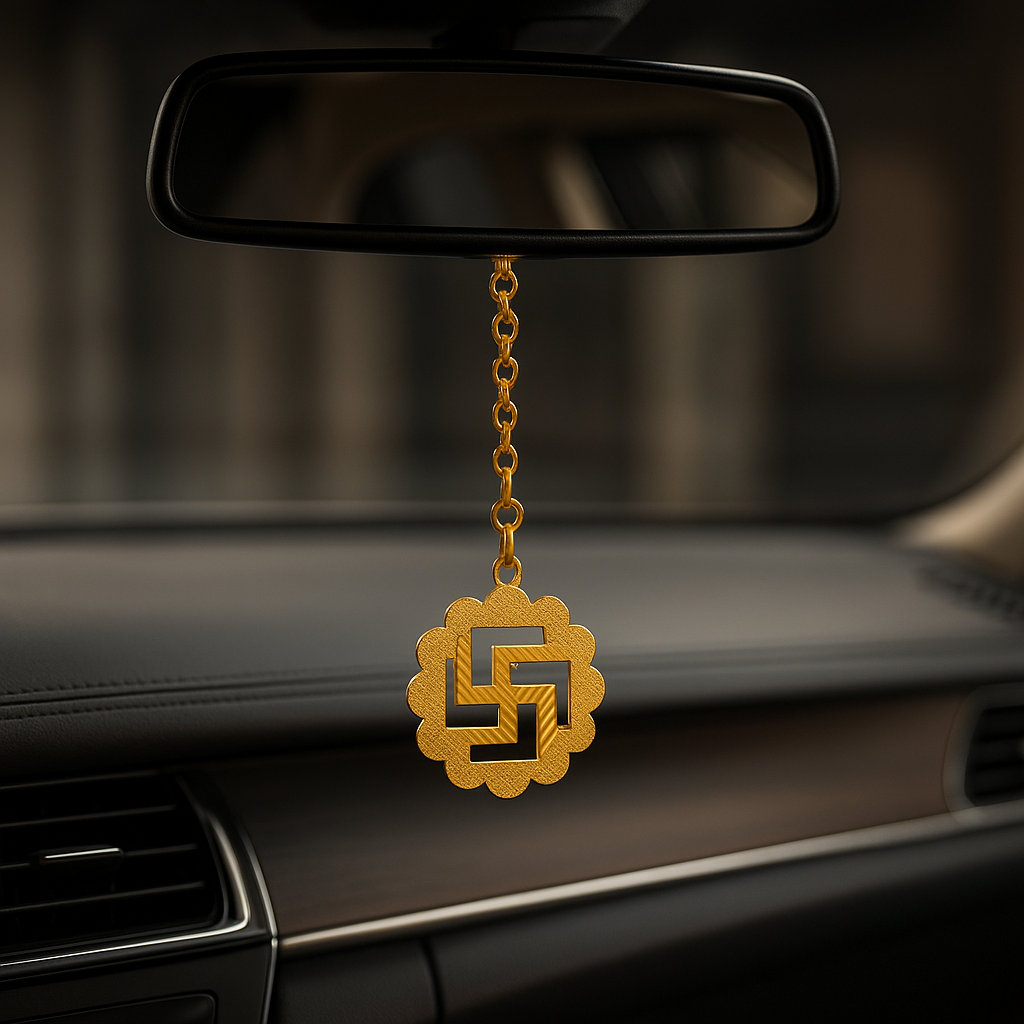 Elita Swastik Car Hanging in Brass with Gold Plated Luxury Swastik Design - Image 2